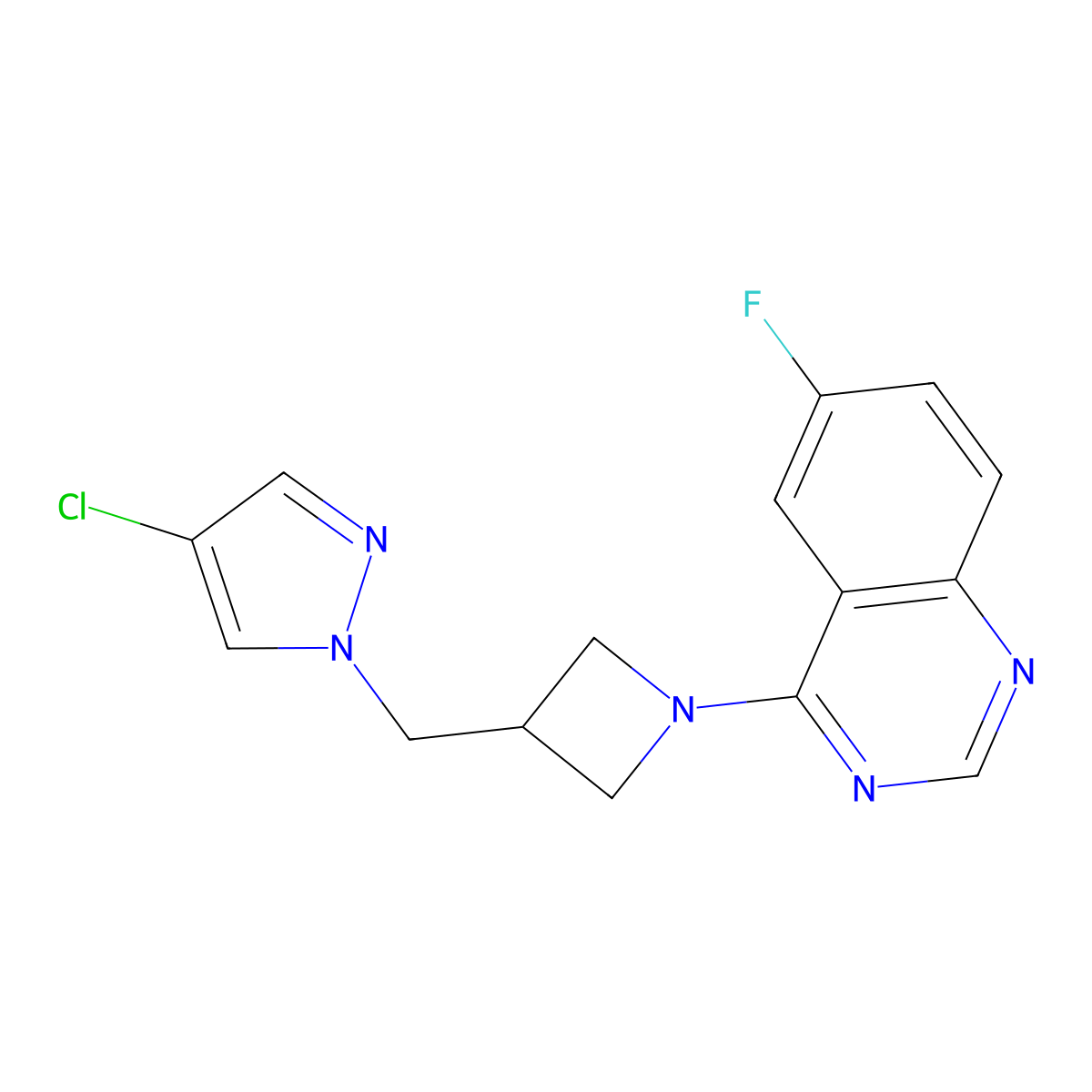4-{3-[(4-chloro-1H-pyrazol-1-yl)methyl]azetidin-1-yl}-6-fluoroquinazoline molecular structure, CAS 2548978-17-0