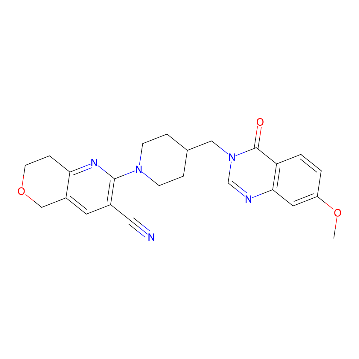 2-{4-[(7-methoxy-4-oxo-3,4-dihydroquinazolin-3-yl)methyl]piperidin-1-yl}-5H,7H,8H-pyrano[4,3-b]pyridine-3-carbonitrile molecular structure, CAS 2548978-26-1