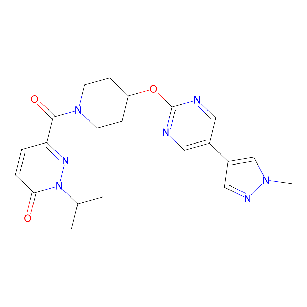 6-(4-{[5-(1-methyl-1H-pyrazol-4-yl)pyrimidin-2-yl]oxy}piperidine-1-carbonyl)-2-(propan-2-yl)-2,3-dihydropyridazin-3-one molecular structure, CAS 2548978-33-0