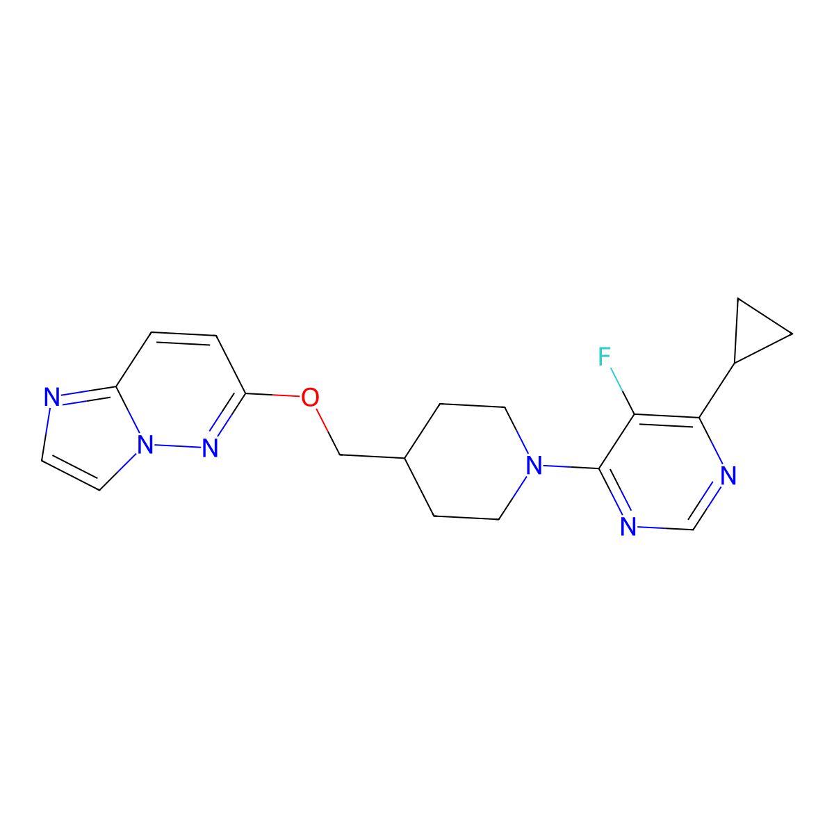 4-Cyclopropyl-5-fluoro-6-[4-({imidazo[1,2-b]pyridazin-6-yloxy}methyl)piperidin-1-yl]pyrimidine molecular structure, CAS 2548978-38-5