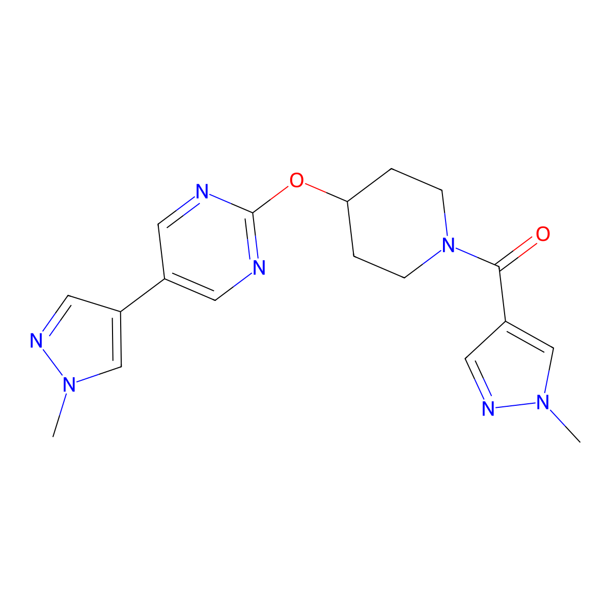 5-(1-methyl-1H-pyrazol-4-yl)-2-{[1-(1-methyl-1H-pyrazole-4-carbonyl)piperidin-4-yl]oxy}pyrimidine molecular structure, CAS 2548978-40-9