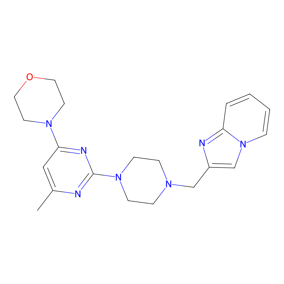 4-{2-[4-({Imidazo[1,2-a]pyridin-2-yl}methyl)piperazin-1-yl]-6-methylpyrimidin-4-yl}morpholine molecular structure, CAS 2548978-50-1