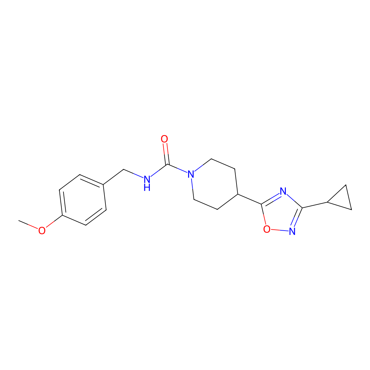 4-(3-cyclopropyl-1,2,4-oxadiazol-5-yl)-N-[(4-methoxyphenyl)methyl]piperidine-1-carboxamide molecular structure, CAS 2548978-62-5