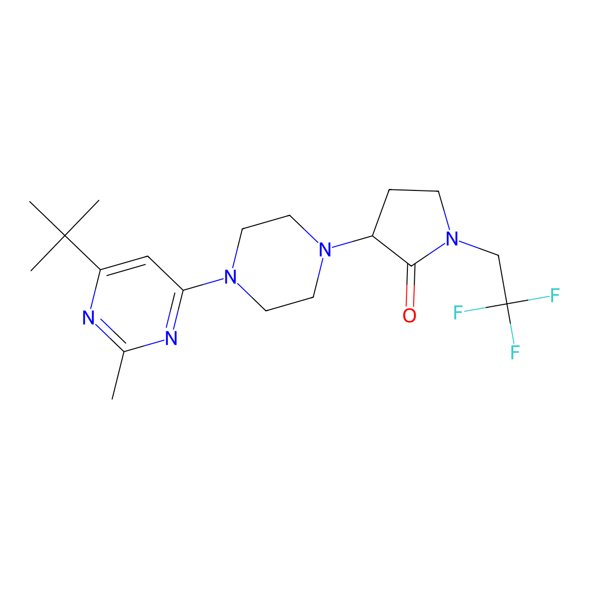 3-[4-(6-Tert-butyl-2-methylpyrimidin-4-yl)piperazin-1-yl]-1-(2,2,2-trifluoroethyl)pyrrolidin-2-one molecular structure, CAS 2548978-68-1