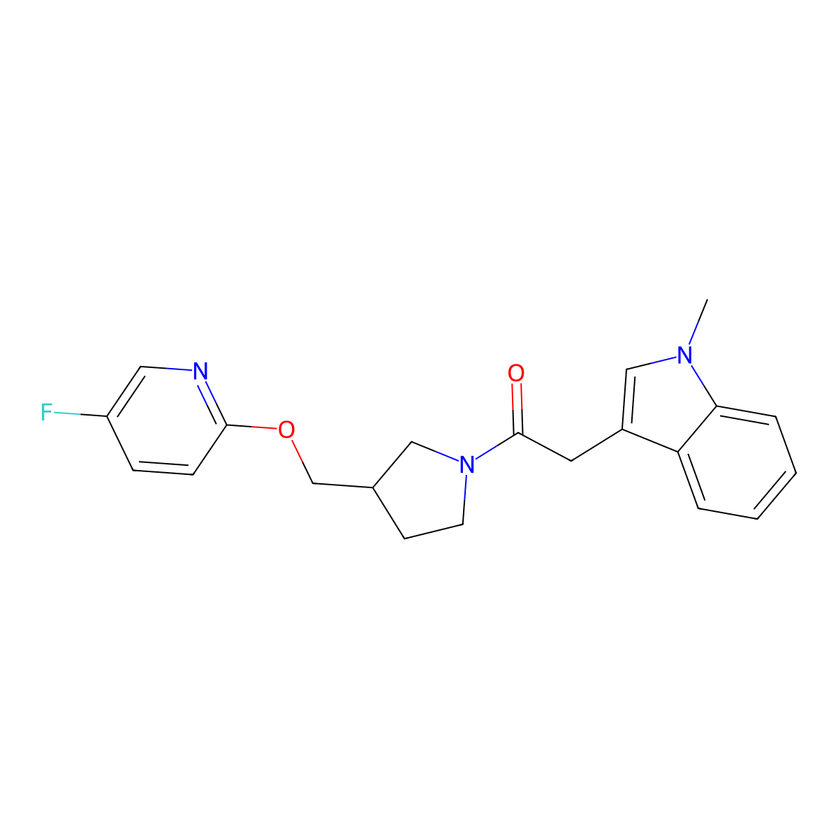 1-(3-{[(5-fluoropyridin-2-yl)oxy]methyl}pyrrolidin-1-yl)-2-(1-methyl-1H-indol-3-yl)ethan-1-one molecular structure, CAS 2548978-69-2