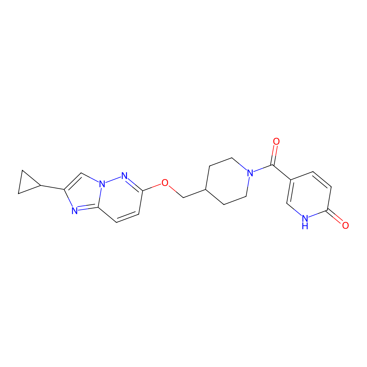 5-{4-[({2-Cyclopropylimidazo[1,2-b]pyridazin-6-yl}oxy)methyl]piperidine-1-carbonyl}-1,2-dihydropyridin-2-one molecular structure, CAS 2548978-70-5