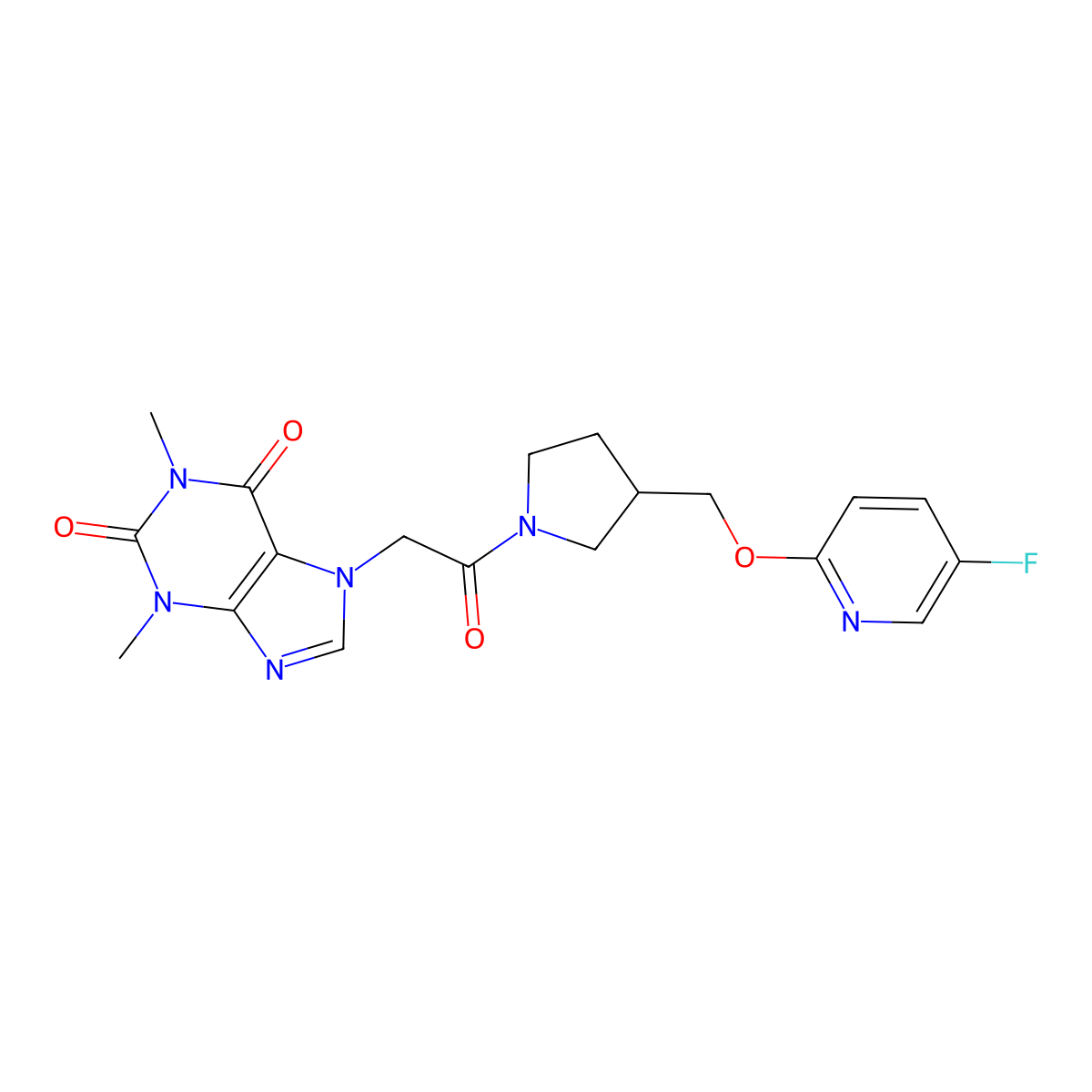 7-[2-(3-{[(5-fluoropyridin-2-yl)oxy]methyl}pyrrolidin-1-yl)-2-oxoethyl]-1,3-dimethyl-2,3,6,7-tetrahydro-1H-purine-2,6-dione molecular structure, CAS 2548978-71-6
