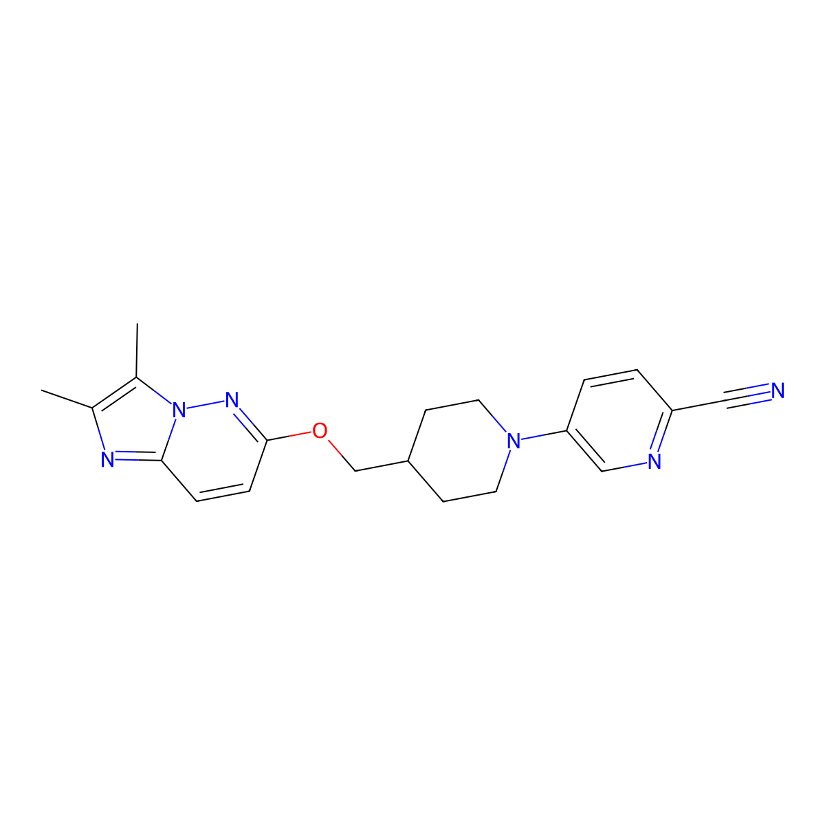 5-{4-[({2,3-Dimethylimidazo[1,2-b]pyridazin-6-yl}oxy)methyl]piperidin-1-yl}pyridine-2-carbonitrile molecular structure, CAS 2548978-84-1