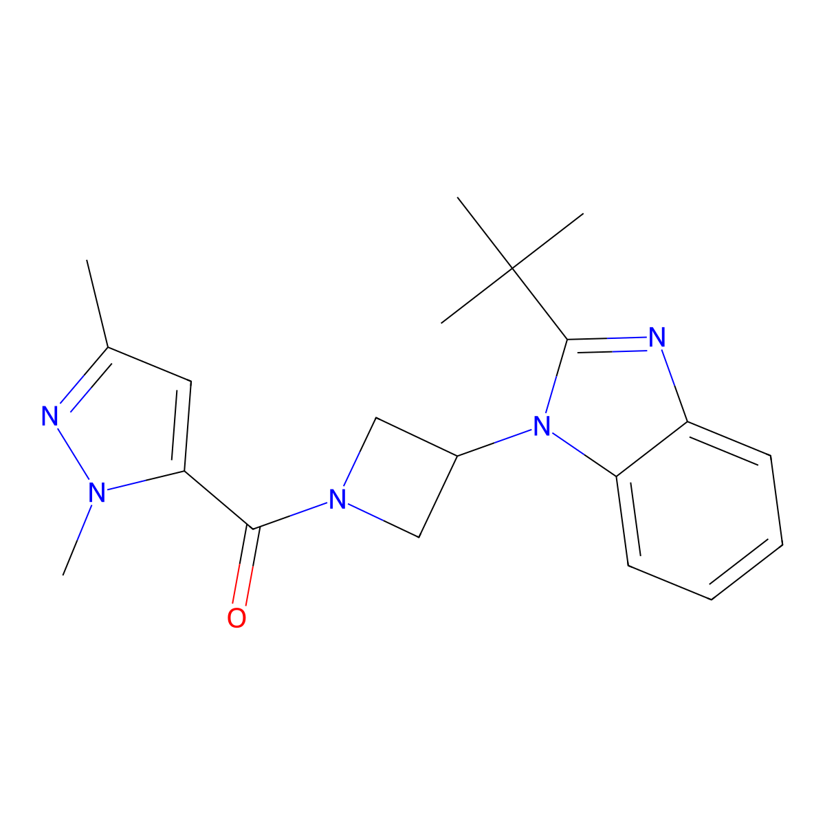 2-tert-butyl-1-[1-(1,3-dimethyl-1H-pyrazole-5-carbonyl)azetidin-3-yl]-1H-1,3-benzodiazole molecular structure, CAS 2548978-93-2