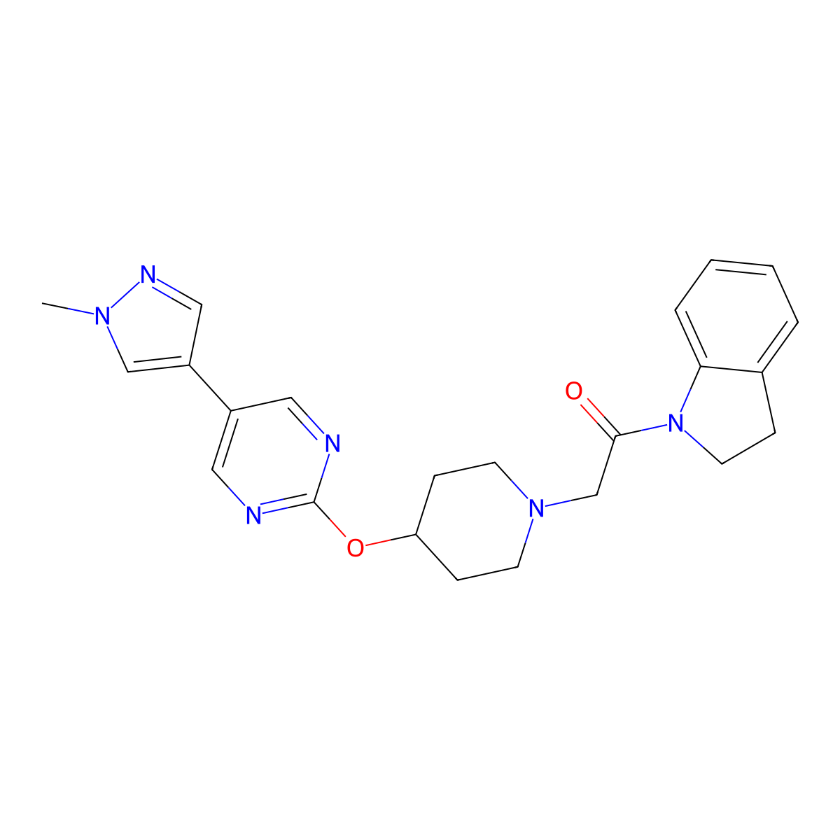 1-(2,3-dihydro-1H-indol-1-yl)-2-(4-{[5-(1-methyl-1H-pyrazol-4-yl)pyrimidin-2-yl]oxy}piperidin-1-yl)ethan-1-one molecular structure, CAS 2548979-11-7