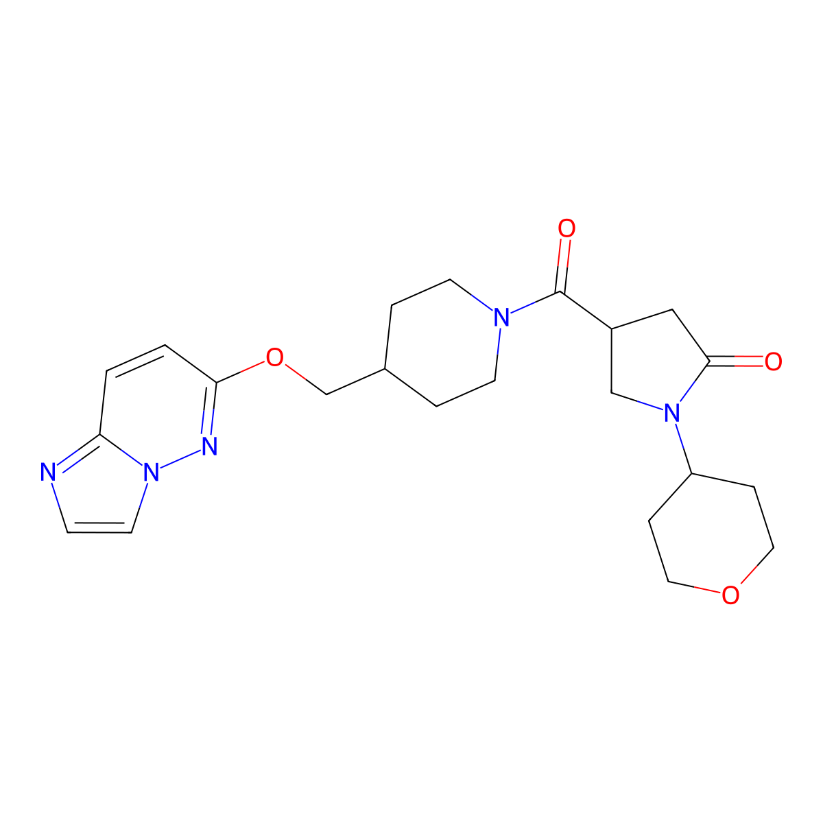 4-[4-({Imidazo[1,2-b]pyridazin-6-yloxy}methyl)piperidine-1-carbonyl]-1-(oxan-4-yl)pyrrolidin-2-one molecular structure, CAS 2548979-14-0