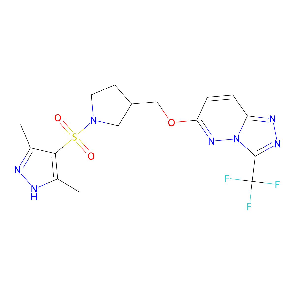 3,5-dimethyl-4-{[3-({[3-(trifluoromethyl)-[1,2,4]triazolo[4,3-b]pyridazin-6-yl]oxy}methyl)pyrrolidin-1-yl]sulfonyl}-1H-pyrazole molecular structure, CAS 2548979-19-5