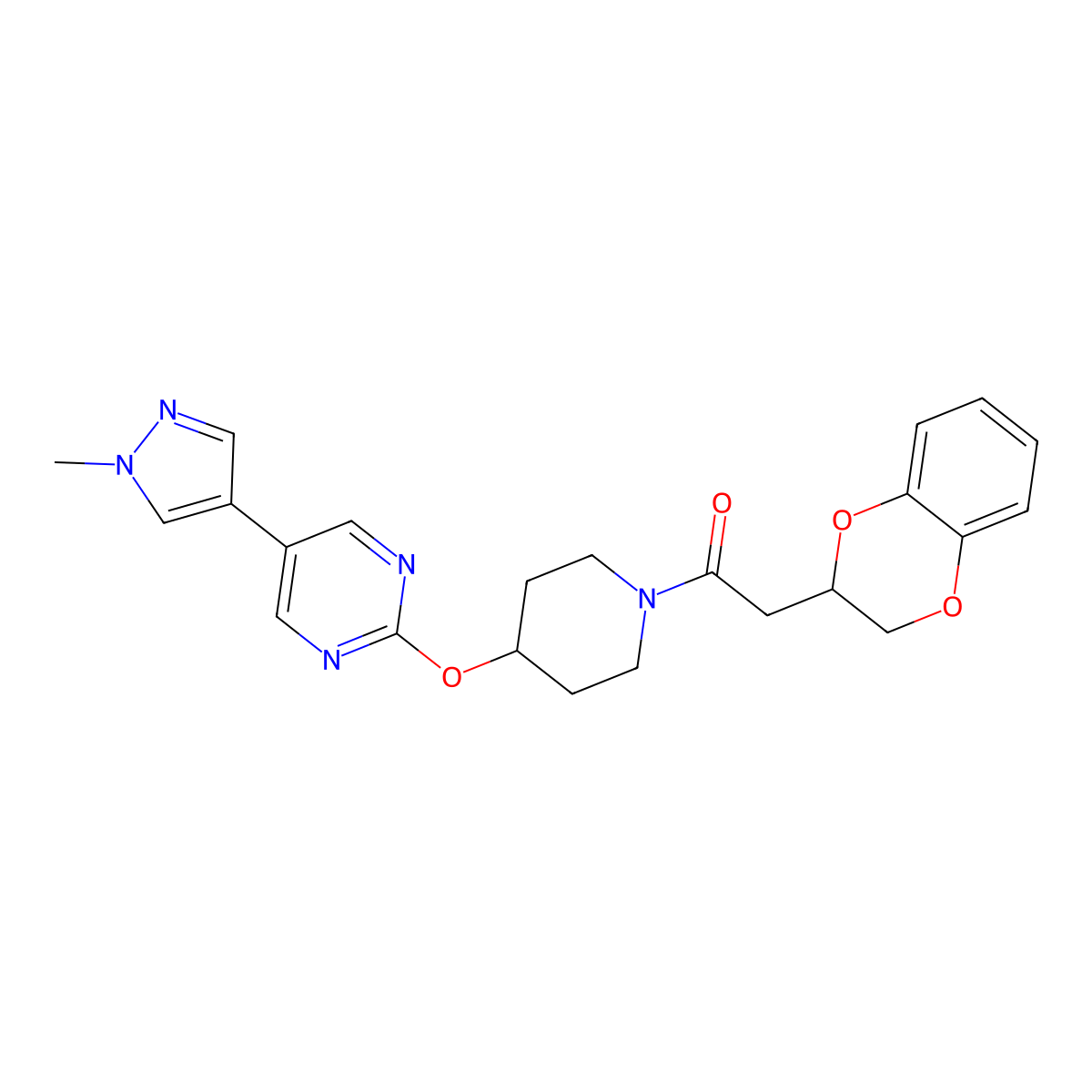 2-(2,3-dihydro-1,4-benzodioxin-2-yl)-1-(4-{[5-(1-methyl-1H-pyrazol-4-yl)pyrimidin-2-yl]oxy}piperidin-1-yl)ethan-1-one molecular structure, CAS 2548979-22-0