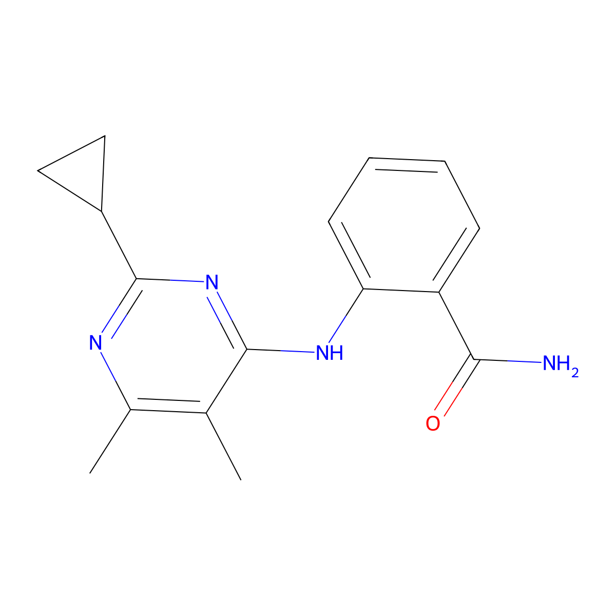 2-[(2-Cyclopropyl-5,6-dimethylpyrimidin-4-yl)amino]benzamide molecular structure, CAS 2548979-29-7