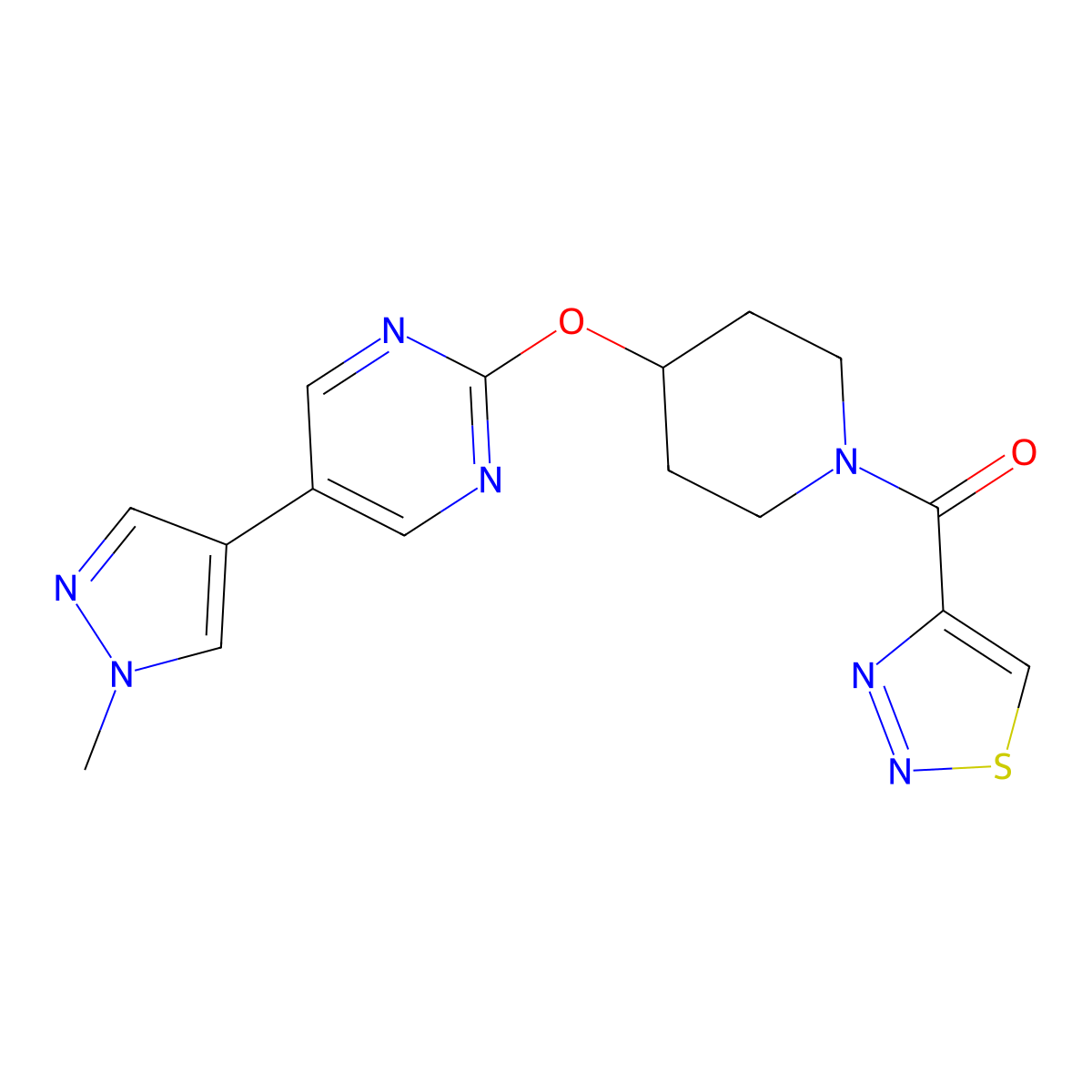 5-(1-methyl-1H-pyrazol-4-yl)-2-{[1-(1,2,3-thiadiazole-4-carbonyl)piperidin-4-yl]oxy}pyrimidine molecular structure, CAS 2548979-31-1