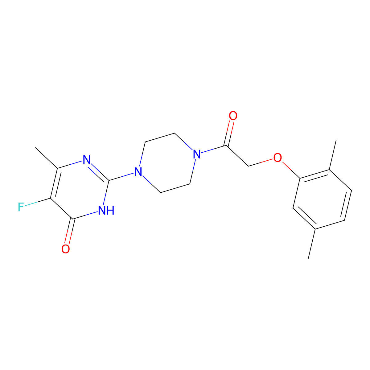 2-{4-[2-(2,5-Dimethylphenoxy)acetyl]piperazin-1-yl}-5-fluoro-6-methyl-3,4-dihydropyrimidin-4-one molecular structure, CAS 2548979-38-8