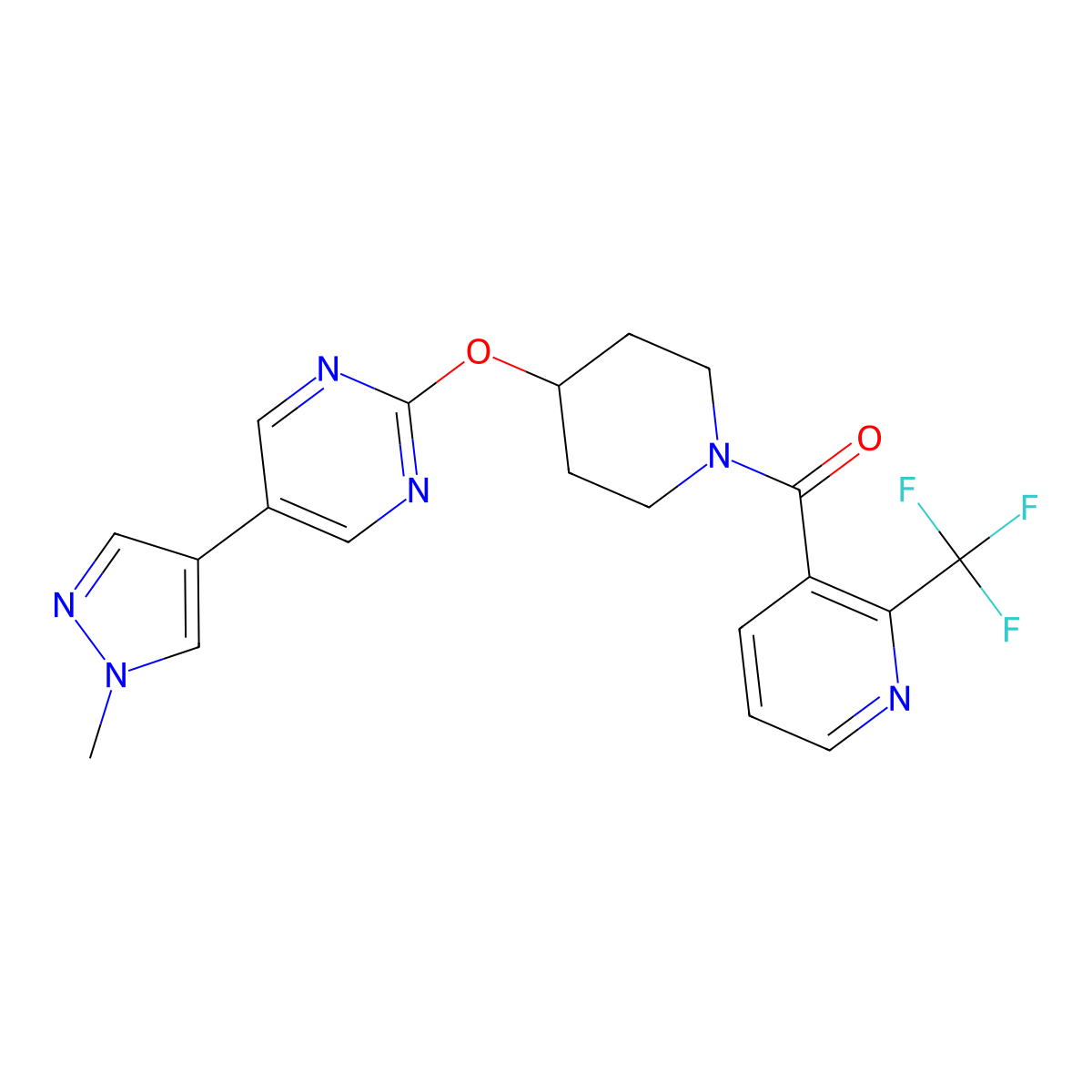 5-(1-methyl-1H-pyrazol-4-yl)-2-({1-[2-(trifluoromethyl)pyridine-3-carbonyl]piperidin-4-yl}oxy)pyrimidine molecular structure, CAS 2548979-39-9