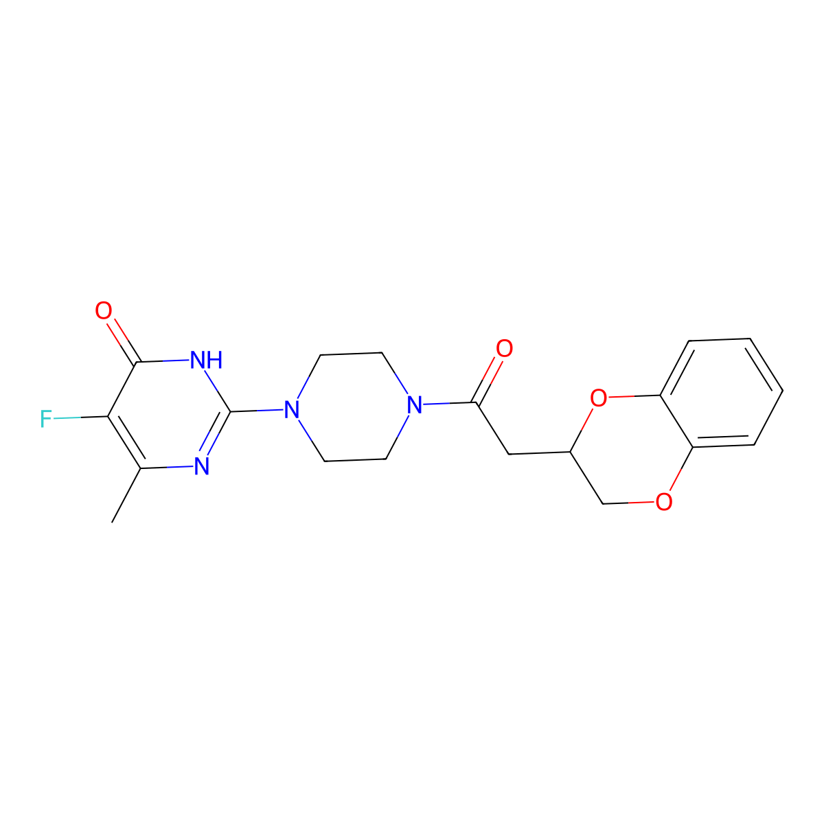 2-{4-[2-(2,3-Dihydro-1,4-benzodioxin-2-yl)acetyl]piperazin-1-yl}-5-fluoro-6-methyl-3,4-dihydropyrimidin-4-one molecular structure, CAS 2548979-49-1