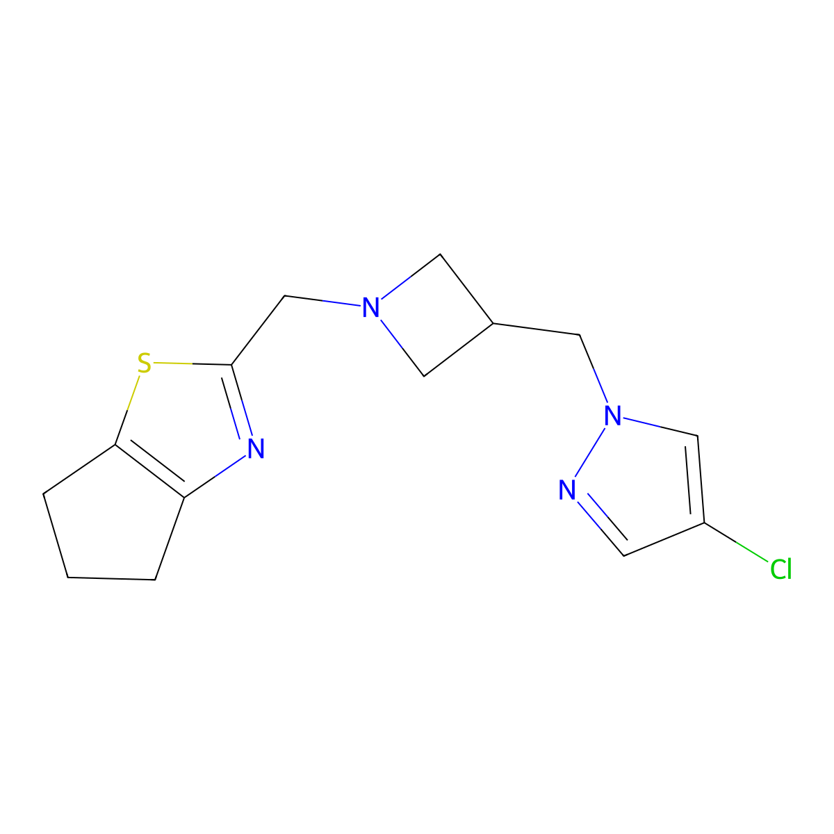 4-chloro-1-{[1-({4H,5H,6H-cyclopenta[d][1,3]thiazol-2-yl}methyl)azetidin-3-yl]methyl}-1H-pyrazole molecular structure, CAS 2548979-52-6