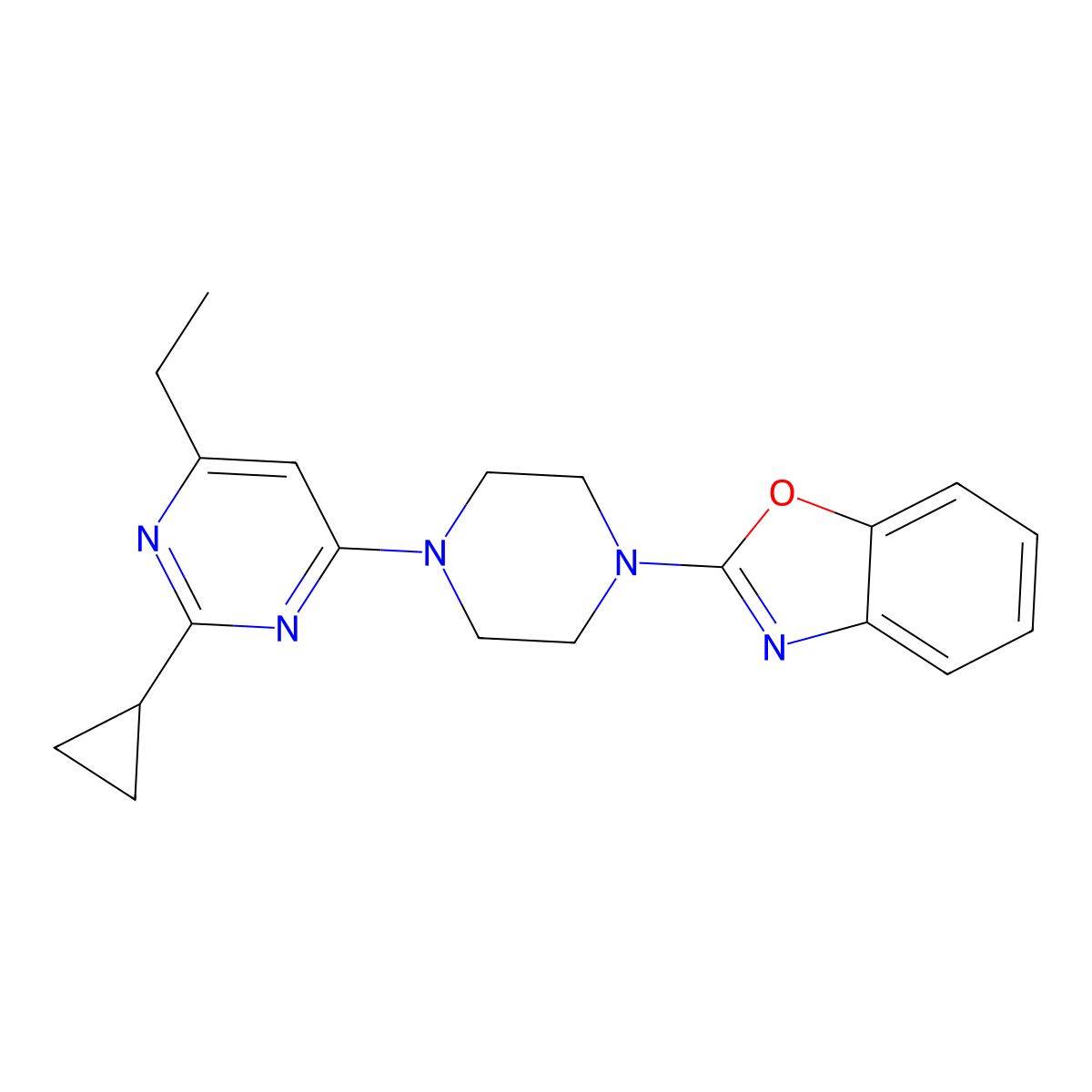 2-[4-(2-Cyclopropyl-6-ethylpyrimidin-4-yl)piperazin-1-yl]-1,3-benzoxazole molecular structure, CAS 2548979-55-9