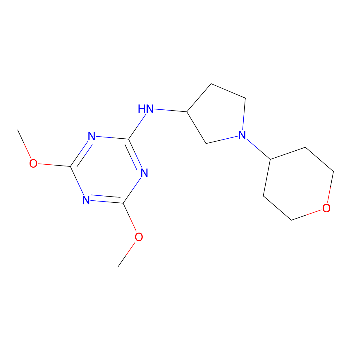 4,6-dimethoxy-N-[1-(oxan-4-yl)pyrrolidin-3-yl]-1,3,5-triazin-2-amine molecular structure, CAS 2548979-56-0