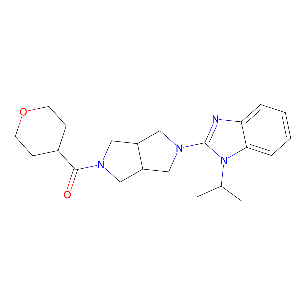 2-[5-(oxane-4-carbonyl)-octahydropyrrolo[3,4-c]pyrrol-2-yl]-1-(propan-2-yl)-1H-1,3-benzodiazole molecular structure, CAS 2548979-58-2