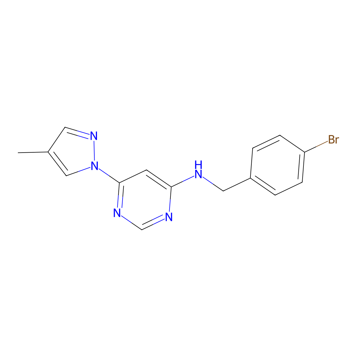 N-[(4-bromophenyl)methyl]-6-(4-methyl-1H-pyrazol-1-yl)pyrimidin-4-amine molecular structure, CAS 2548979-60-6