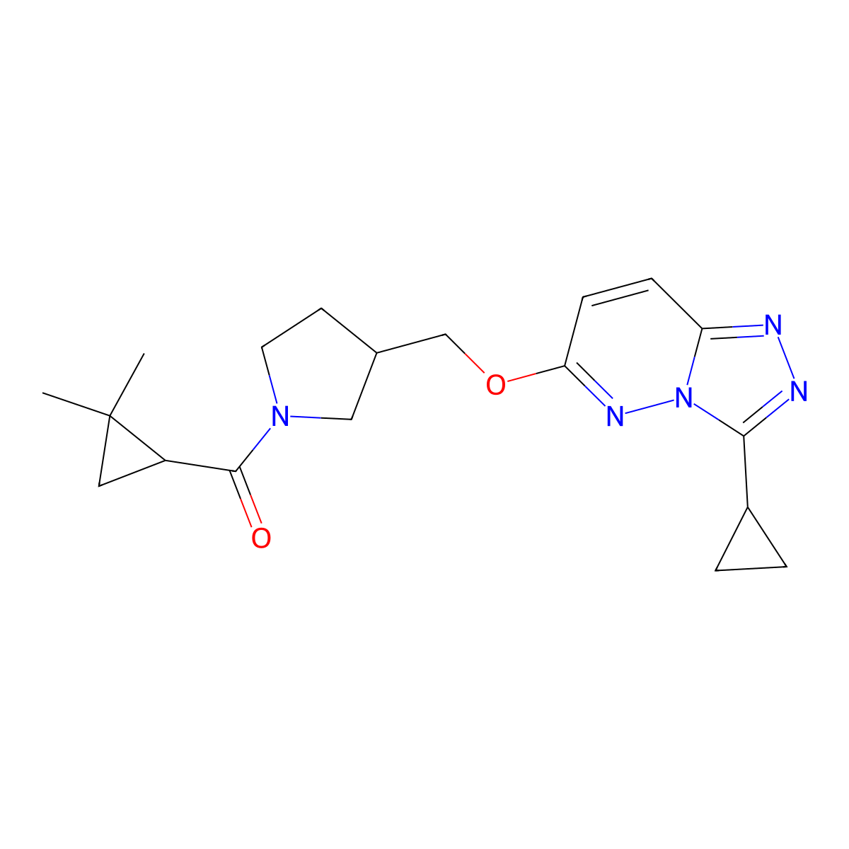 3-[({3-Cyclopropyl-[1,2,4]triazolo[4,3-b]pyridazin-6-yl}oxy)methyl]-1-(2,2-dimethylcyclopropanecarbonyl)pyrrolidine molecular structure, CAS 2548979-65-1