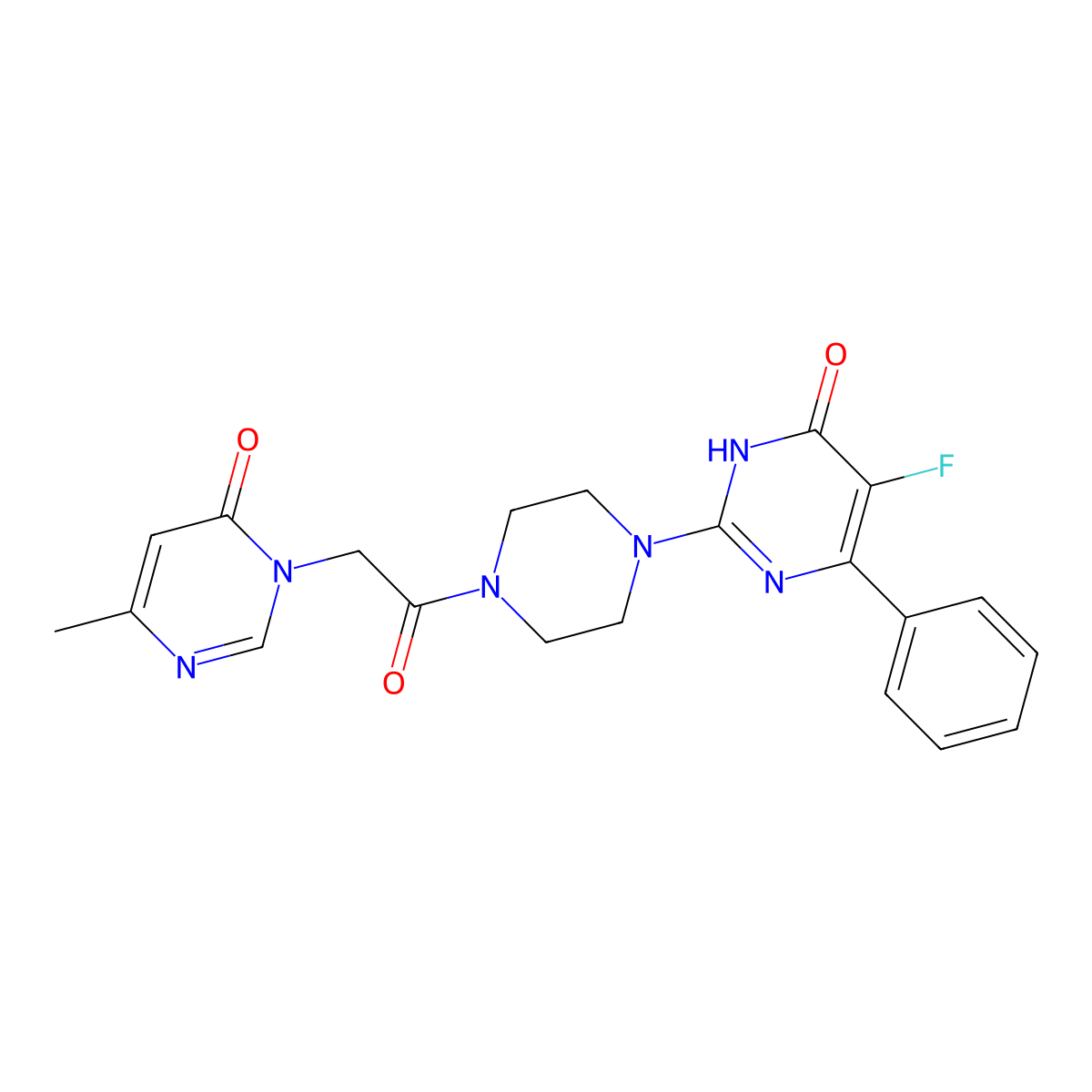 5-Fluoro-2-{4-[2-(4-methyl-6-oxo-1,6-dihydropyrimidin-1-yl)acetyl]piperazin-1-yl}-6-phenyl-3,4-dihydropyrimidin-4-one molecular structure, CAS 2548979-68-4