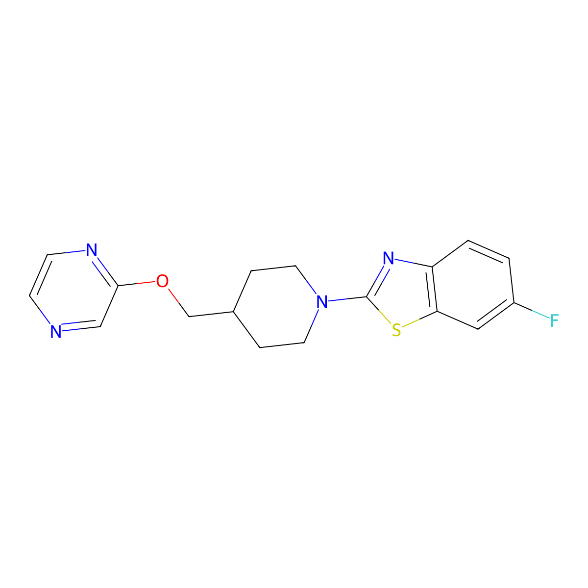 6-Fluoro-2-{4-[(pyrazin-2-yloxy)methyl]piperidin-1-yl}-1,3-benzothiazole molecular structure, CAS 2548979-69-5