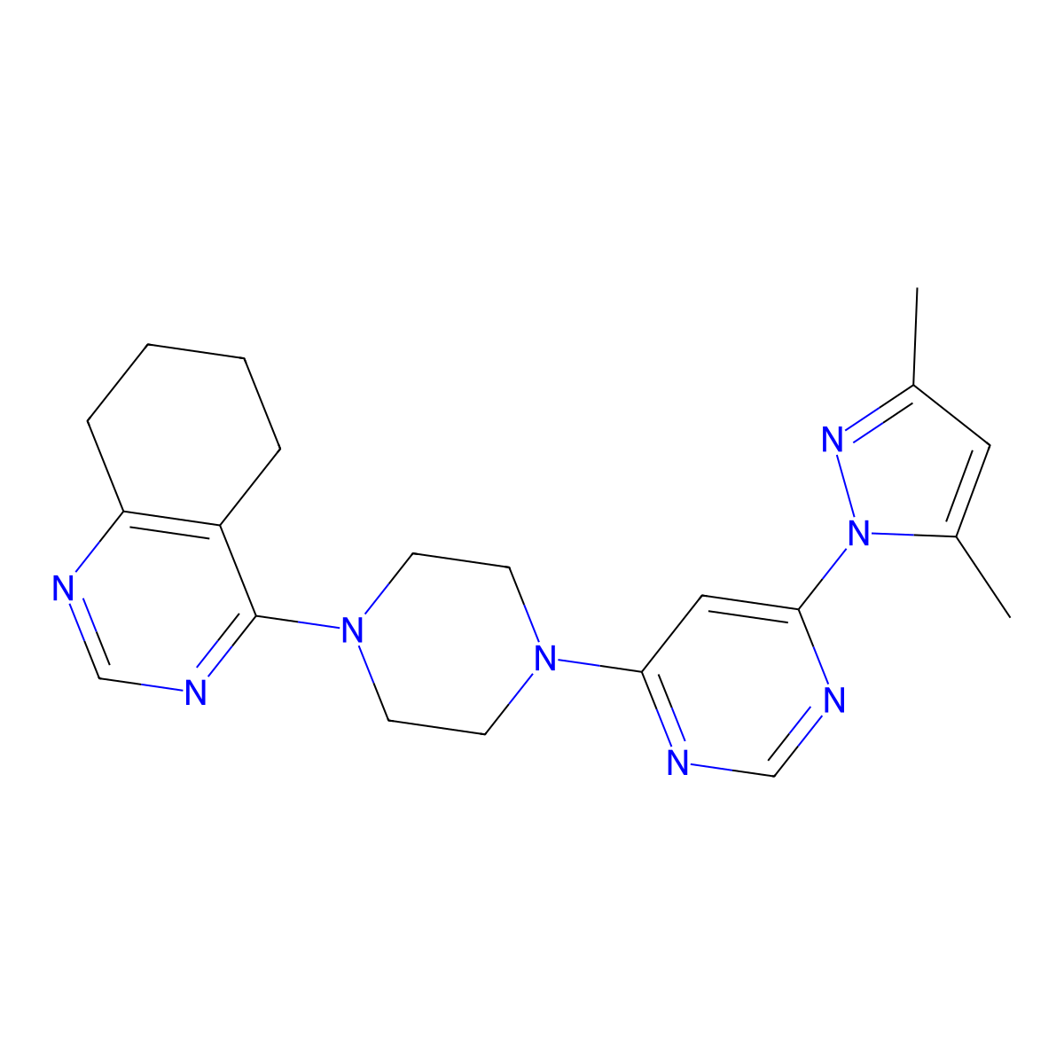 4-{4-[6-(3,5-dimethyl-1H-pyrazol-1-yl)pyrimidin-4-yl]piperazin-1-yl}-5,6,7,8-tetrahydroquinazoline molecular structure, CAS 2548979-77-5