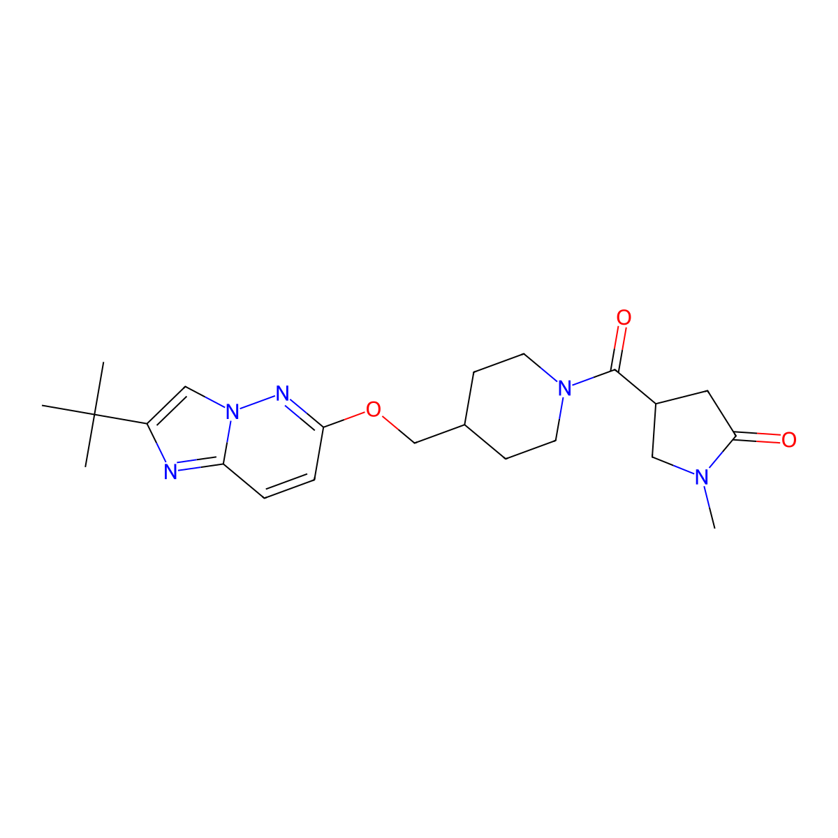 4-{4-[({2-Tert-butylimidazo[1,2-b]pyridazin-6-yl}oxy)methyl]piperidine-1-carbonyl}-1-methylpyrrolidin-2-one molecular structure, CAS 2548979-79-7