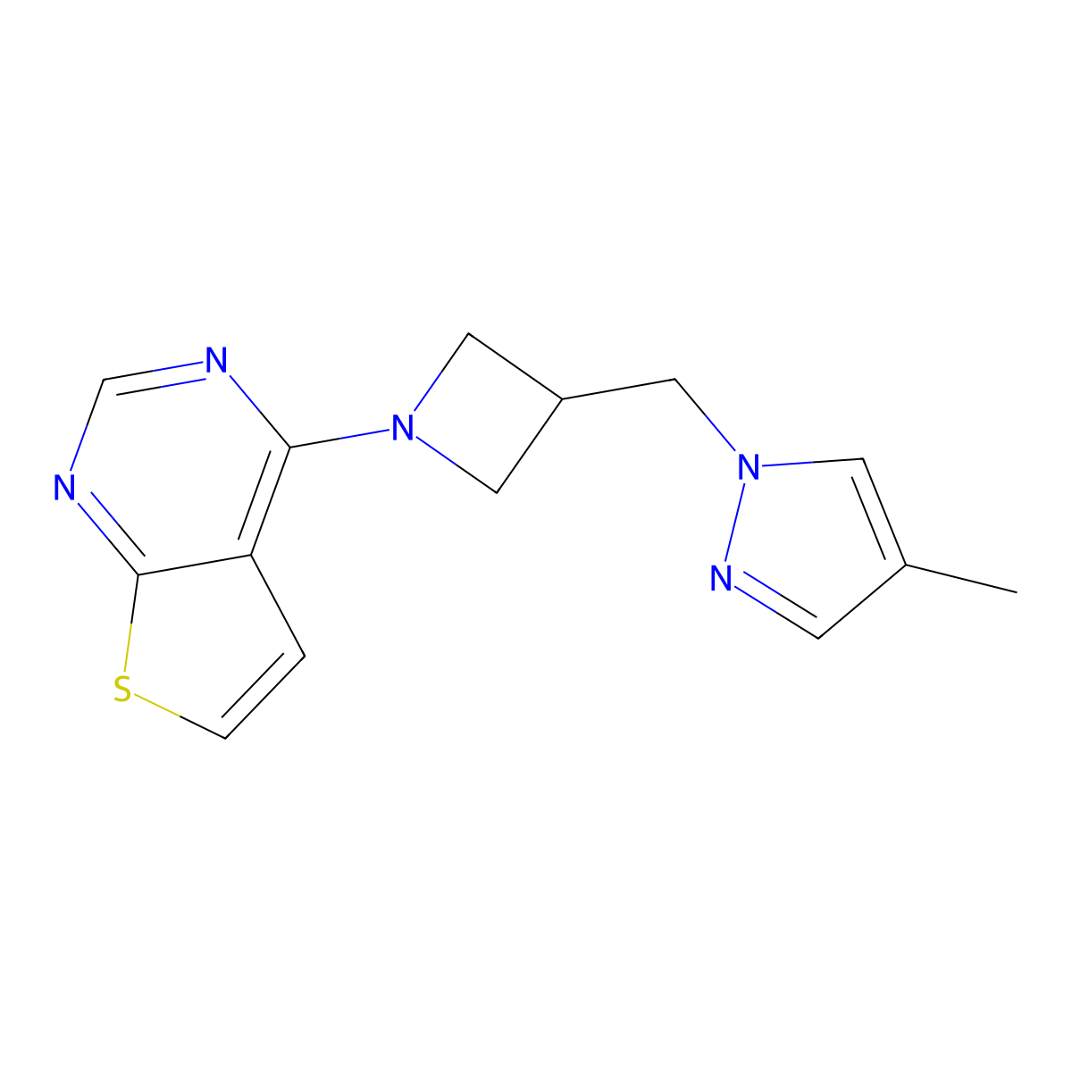 4-methyl-1-[(1-{thieno[2,3-d]pyrimidin-4-yl}azetidin-3-yl)methyl]-1H-pyrazole molecular structure, CAS 2548979-81-1
