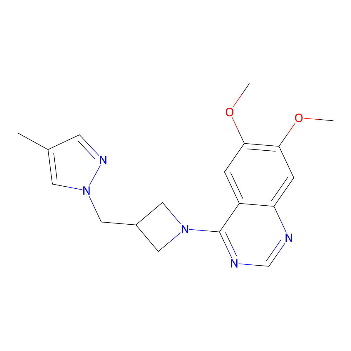 6,7-dimethoxy-4-{3-[(4-methyl-1H-pyrazol-1-yl)methyl]azetidin-1-yl}quinazoline molecular structure, CAS 2548979-85-5