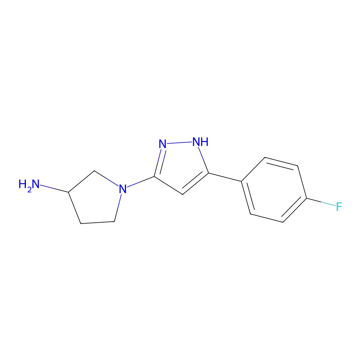 1-[5-(4-fluorophenyl)-1H-pyrazol-3-yl]pyrrolidin-3-amine molecular structure, CAS 2548979-87-7