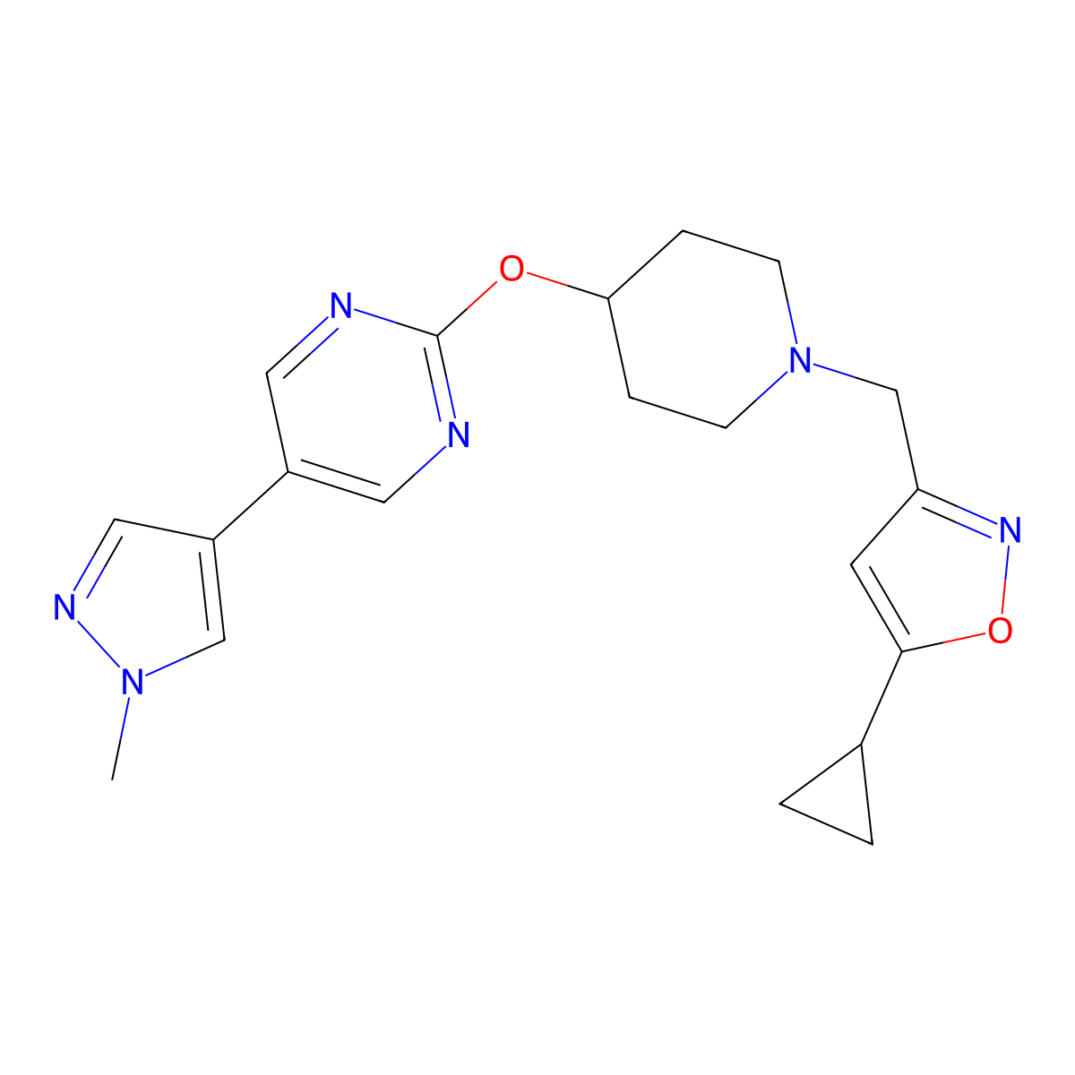2-({1-[(5-cyclopropyl-1,2-oxazol-3-yl)methyl]piperidin-4-yl}oxy)-5-(1-methyl-1H-pyrazol-4-yl)pyrimidine molecular structure, CAS 2548979-88-8