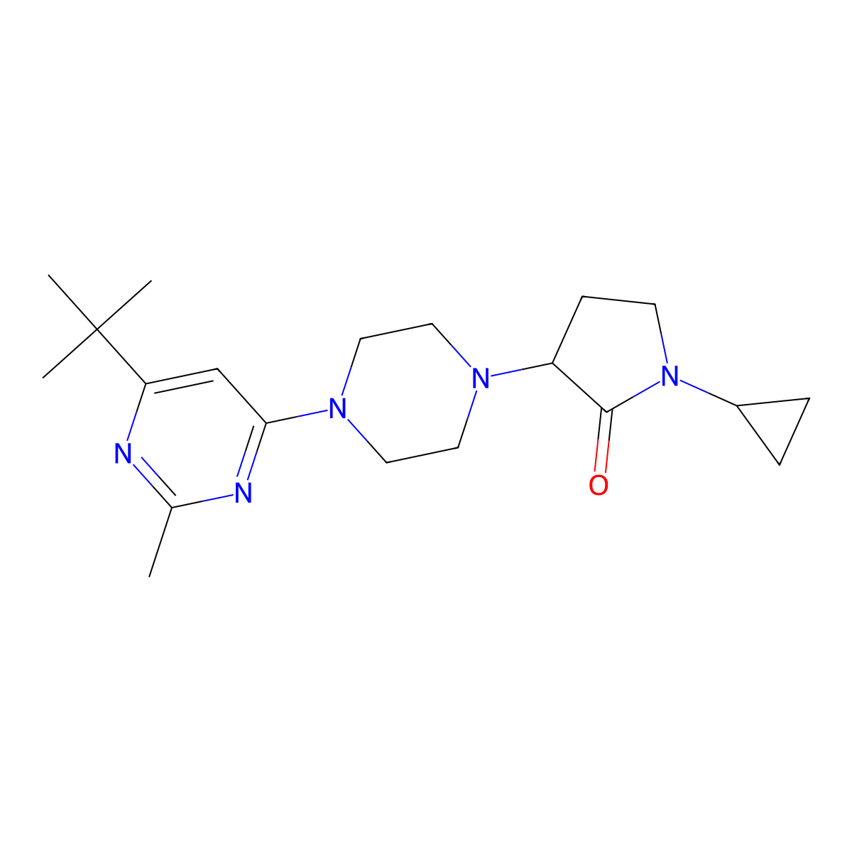 3-[4-(6-Tert-butyl-2-methylpyrimidin-4-yl)piperazin-1-yl]-1-cyclopropylpyrrolidin-2-one molecular structure, CAS 2548979-90-2
