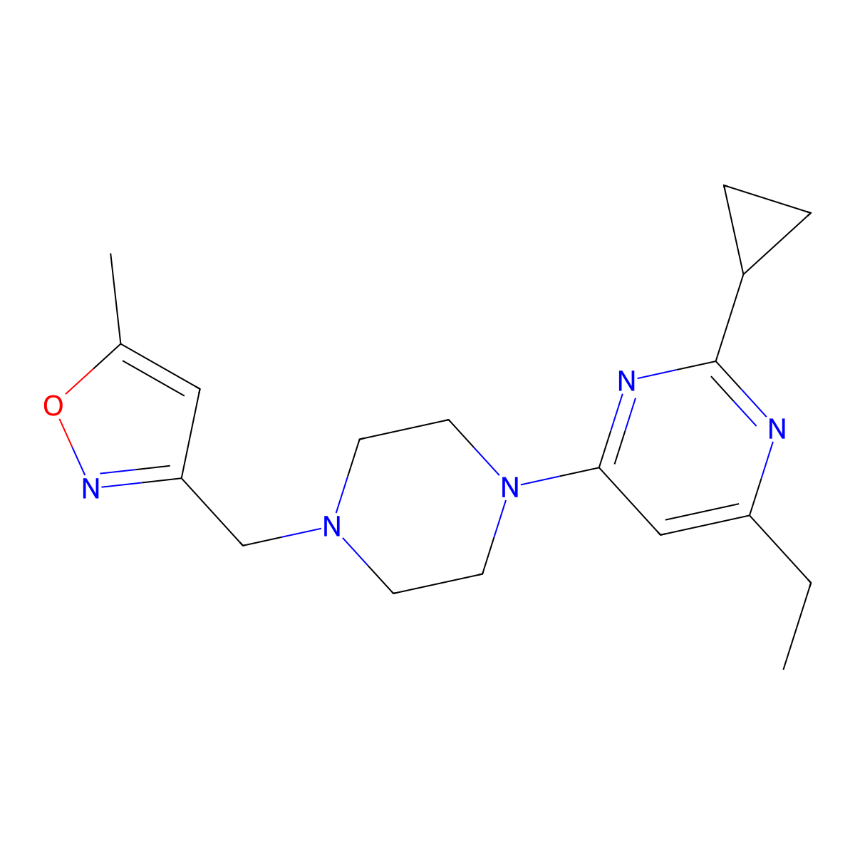 2-Cyclopropyl-4-ethyl-6-{4-[(5-methyl-1,2-oxazol-3-yl)methyl]piperazin-1-yl}pyrimidine molecular structure, CAS 2548979-92-4