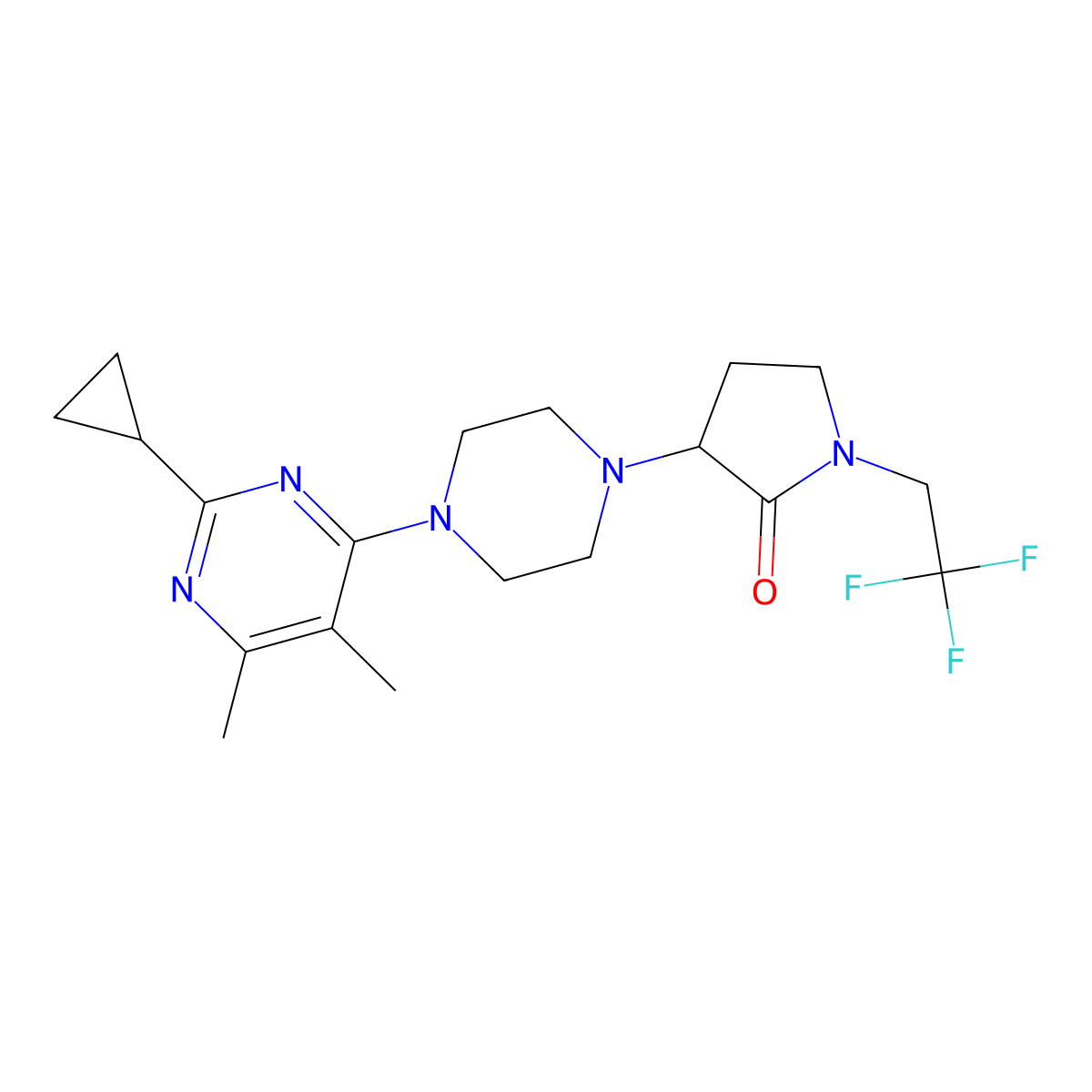 3-[4-(2-Cyclopropyl-5,6-dimethylpyrimidin-4-yl)piperazin-1-yl]-1-(2,2,2-trifluoroethyl)pyrrolidin-2-one molecular structure, CAS 2548979-97-9