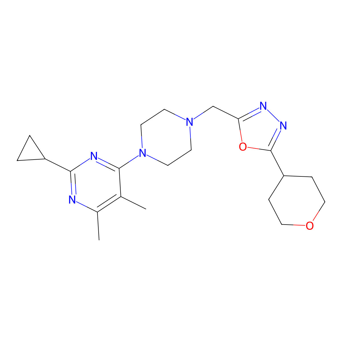 2-Cyclopropyl-4,5-dimethyl-6-(4-{[5-(oxan-4-yl)-1,3,4-oxadiazol-2-yl]methyl}piperazin-1-yl)pyrimidine molecular structure, CAS 2548979-98-0