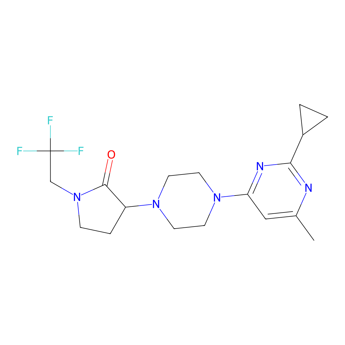 3-[4-(2-Cyclopropyl-6-methylpyrimidin-4-yl)piperazin-1-yl]-1-(2,2,2-trifluoroethyl)pyrrolidin-2-one molecular structure, CAS 2548980-02-3