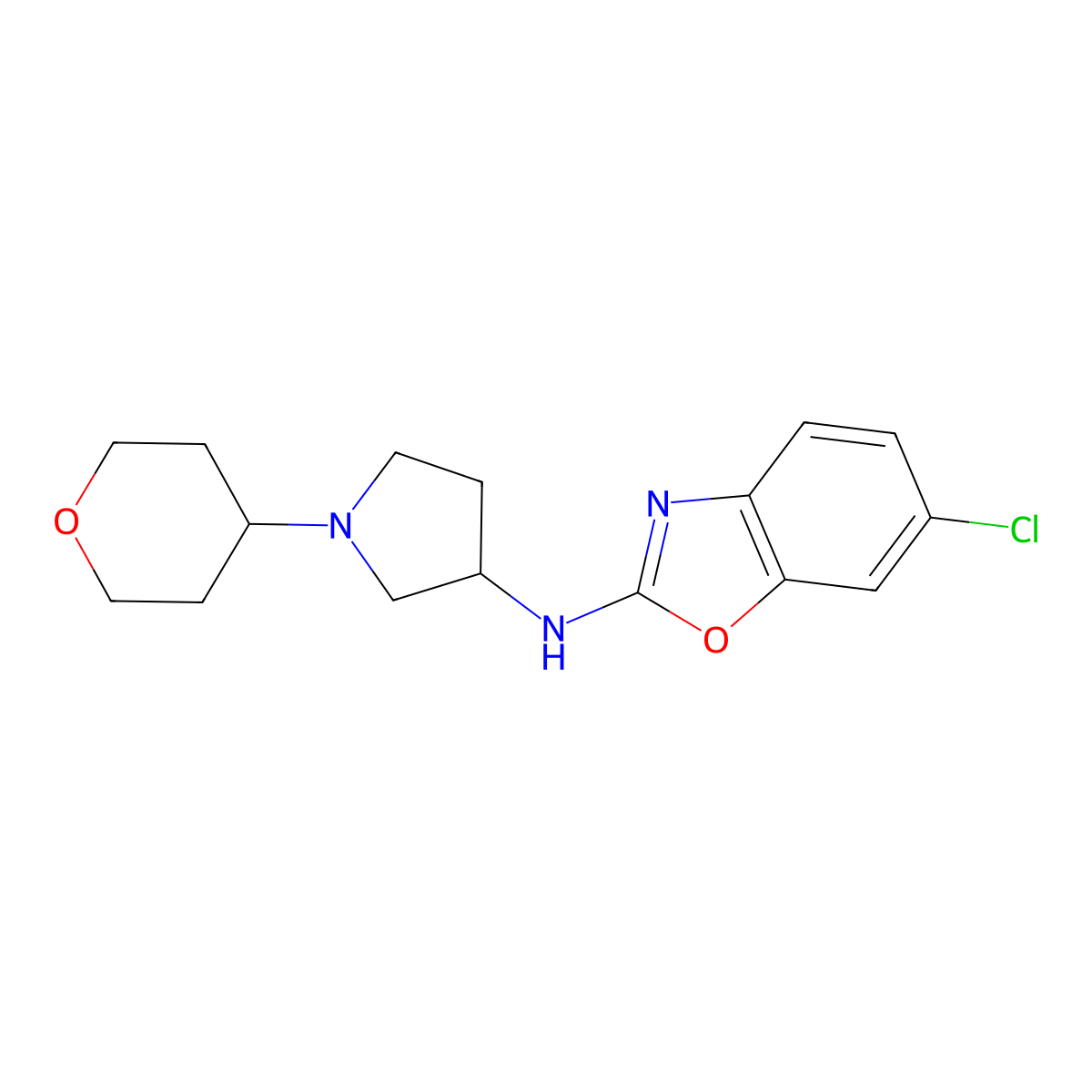 6-chloro-N-[1-(oxan-4-yl)pyrrolidin-3-yl]-1,3-benzoxazol-2-amine molecular structure, CAS 2548980-04-5