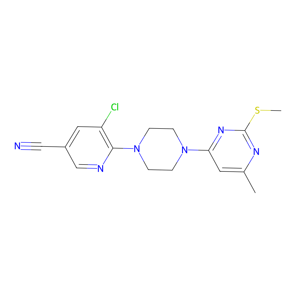 5-Chloro-6-{4-[6-methyl-2-(methylsulfanyl)pyrimidin-4-yl]piperazin-1-yl}pyridine-3-carbonitrile molecular structure, CAS 2548980-06-7