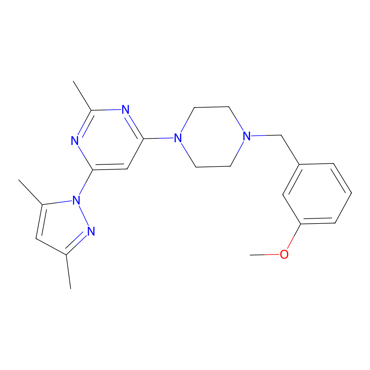 4-(3,5-dimethyl-1H-pyrazol-1-yl)-6-{4-[(3-methoxyphenyl)methyl]piperazin-1-yl}-2-methylpyrimidine molecular structure, CAS 2548980-07-8