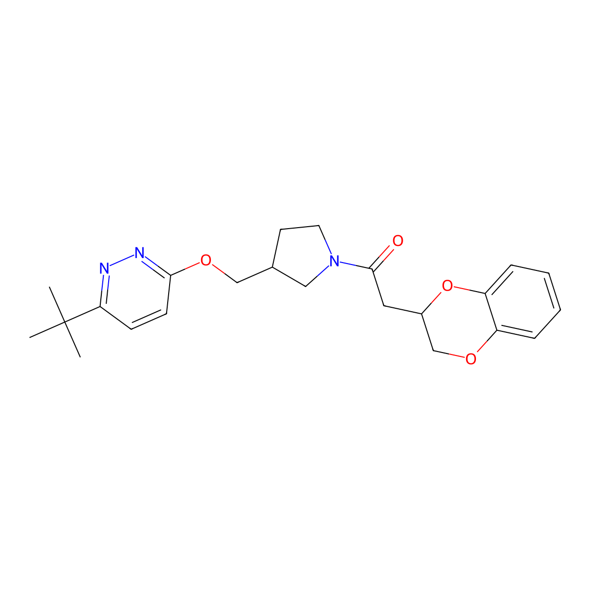 1-(3-{[(6-Tert-butylpyridazin-3-yl)oxy]methyl}pyrrolidin-1-yl)-2-(2,3-dihydro-1,4-benzodioxin-2-yl)ethan-1-one molecular structure, CAS 2548980-09-0