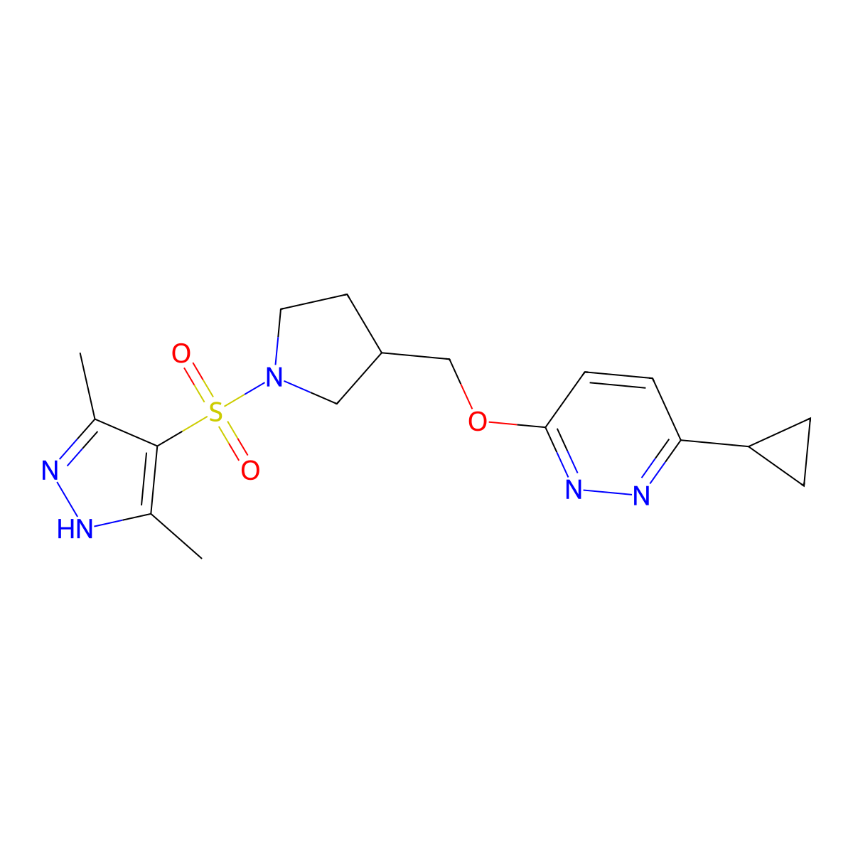 3-cyclopropyl-6-({1-[(3,5-dimethyl-1H-pyrazol-4-yl)sulfonyl]pyrrolidin-3-yl}methoxy)pyridazine molecular structure, CAS 2548980-11-4