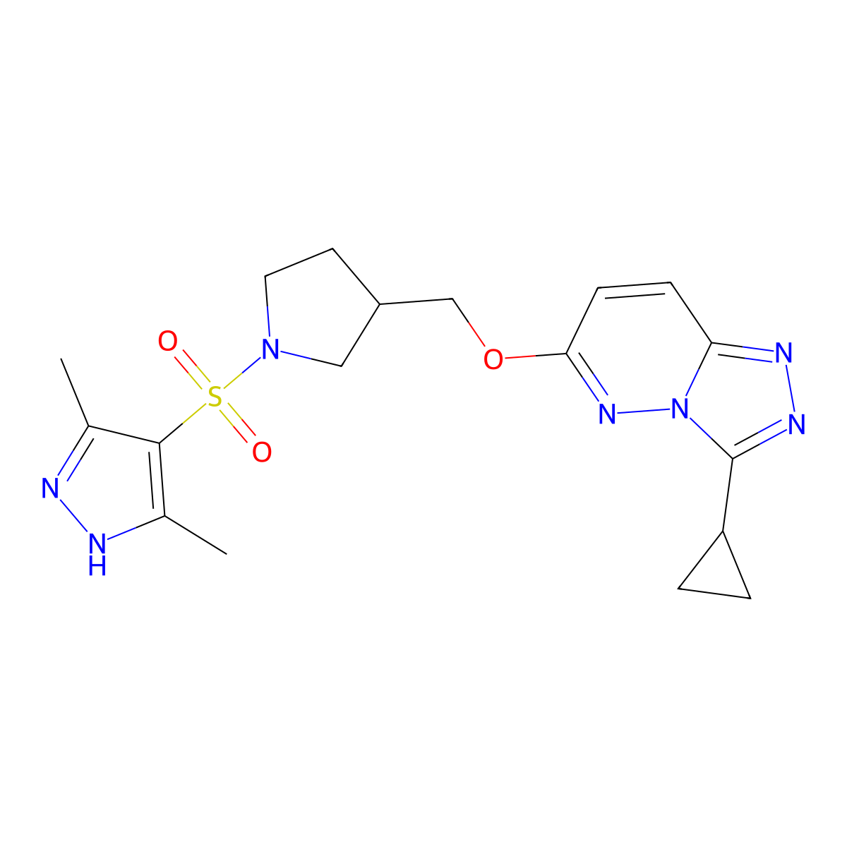 4-({3-[({3-cyclopropyl-[1,2,4]triazolo[4,3-b]pyridazin-6-yl}oxy)methyl]pyrrolidin-1-yl}sulfonyl)-3,5-dimethyl-1H-pyrazole molecular structure, CAS 2548980-14-7
