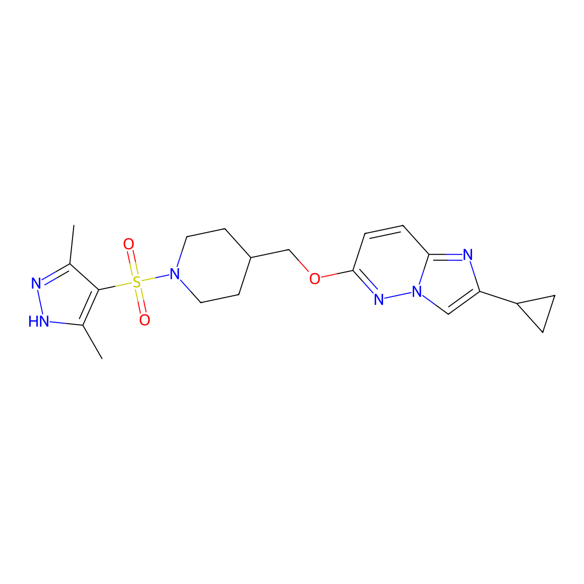 4-[({2-cyclopropylimidazo[1,2-b]pyridazin-6-yl}oxy)methyl]-1-[(3,5-dimethyl-1H-pyrazol-4-yl)sulfonyl]piperidine molecular structure, CAS 2548980-18-1