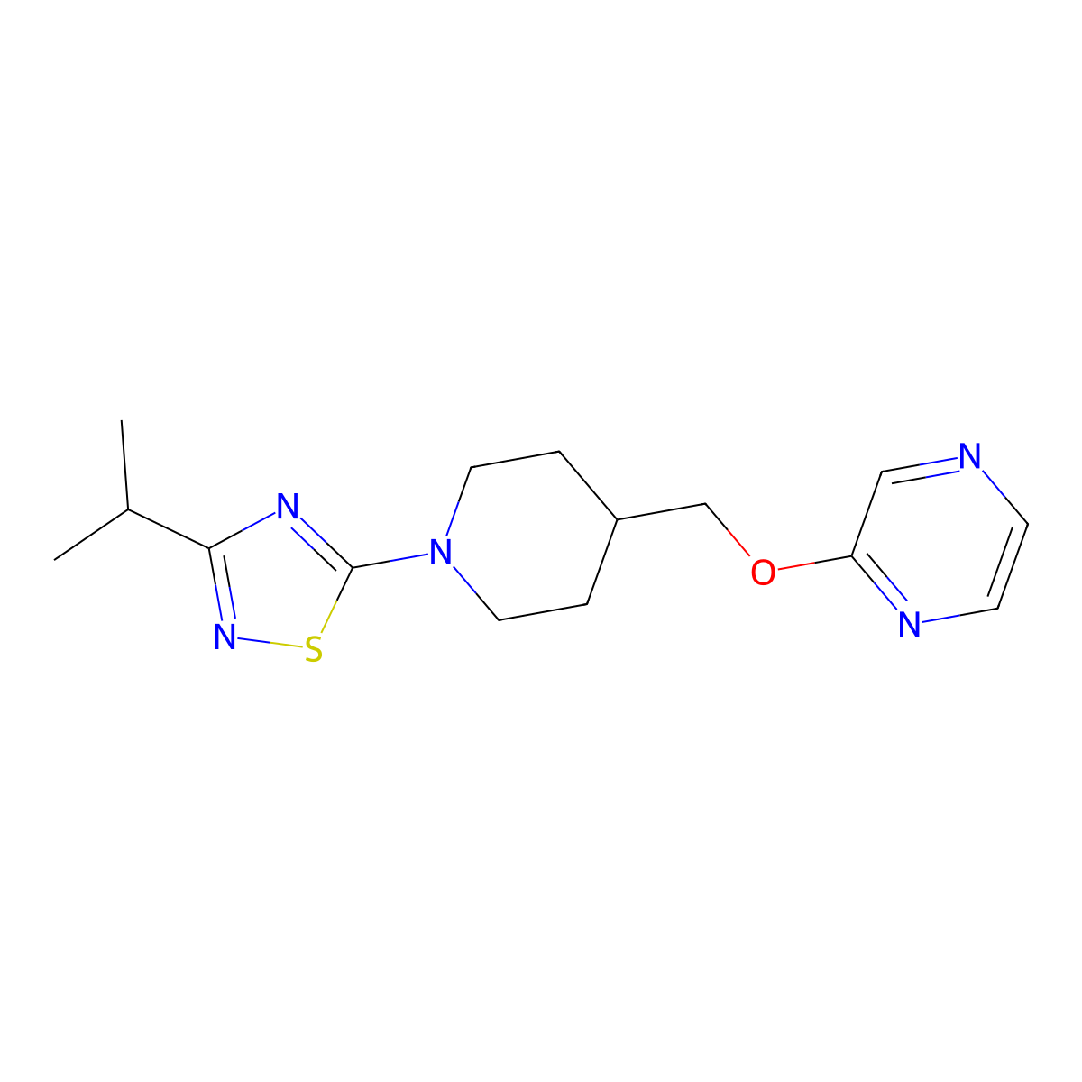 2-({1-[3-(Propan-2-yl)-1,2,4-thiadiazol-5-yl]piperidin-4-yl}methoxy)pyrazine molecular structure, CAS 2548980-25-0