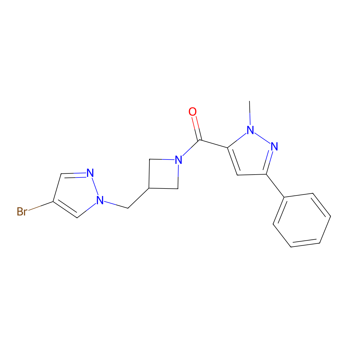 5-{3-[(4-bromo-1H-pyrazol-1-yl)methyl]azetidine-1-carbonyl}-1-methyl-3-phenyl-1H-pyrazole molecular structure, CAS 2548980-30-7